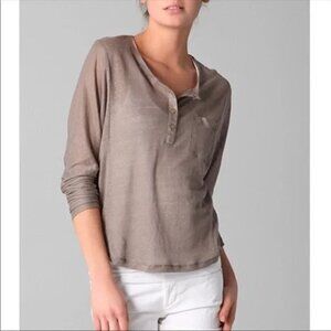 Vince 100% Linen Button Up Light Brown Henley Tee Top Womens Size L‎ Long Sleeve